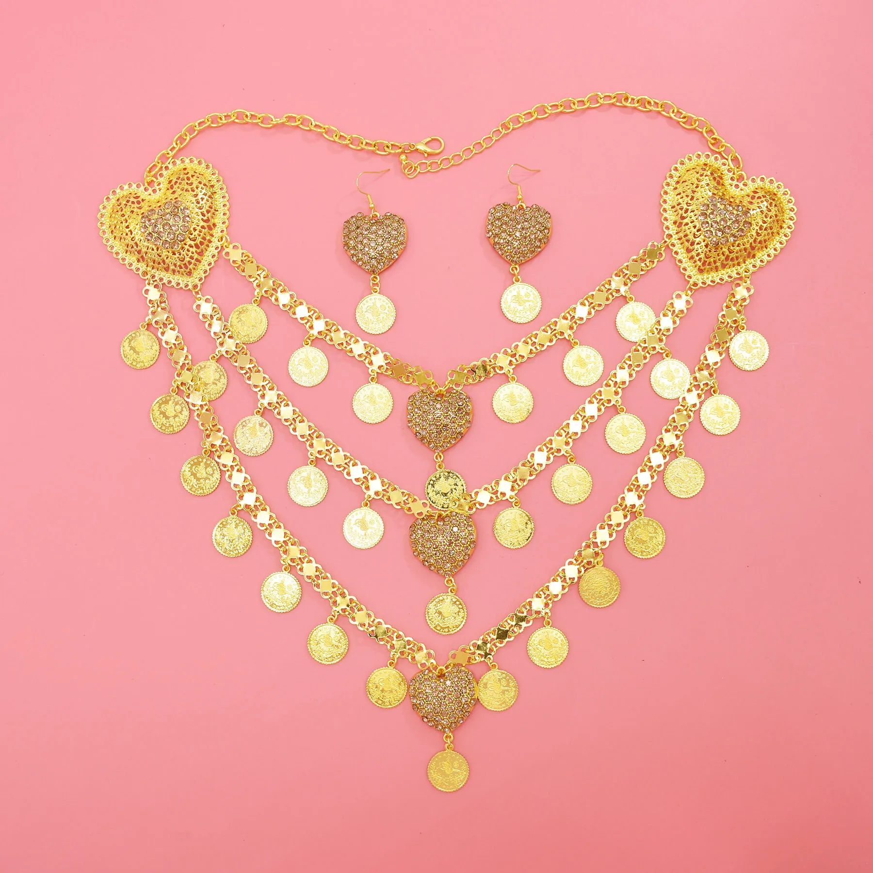 3-Layer Golden Coins Tassel Heart Hollow Crystal Flower Pendant Necklace Earrings for Arab Indian Bridal Wedding Jewelry Set
