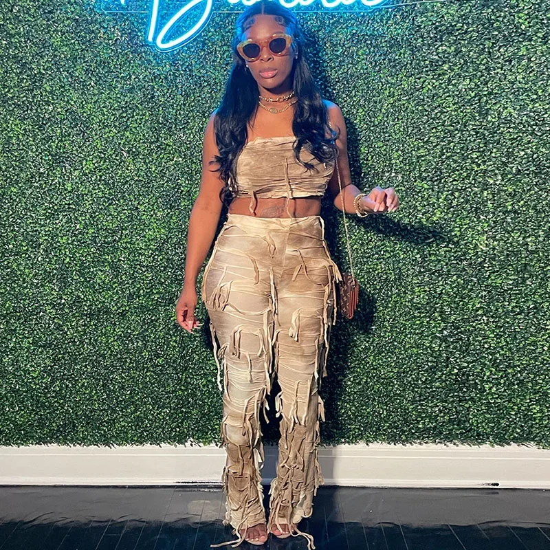 

Tie Dye Print Tassel Womens 2 Piece Outfit Set Rave Festival Clothing Strapless Crop Top and Pants New In Matching Sets Clubwear