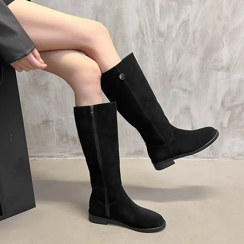 

Women Knee High Boots Fashion Round Head Side Zippers Shoes Autumn Winter Vintage Flats Women Leisure Daily Commute Comfortable