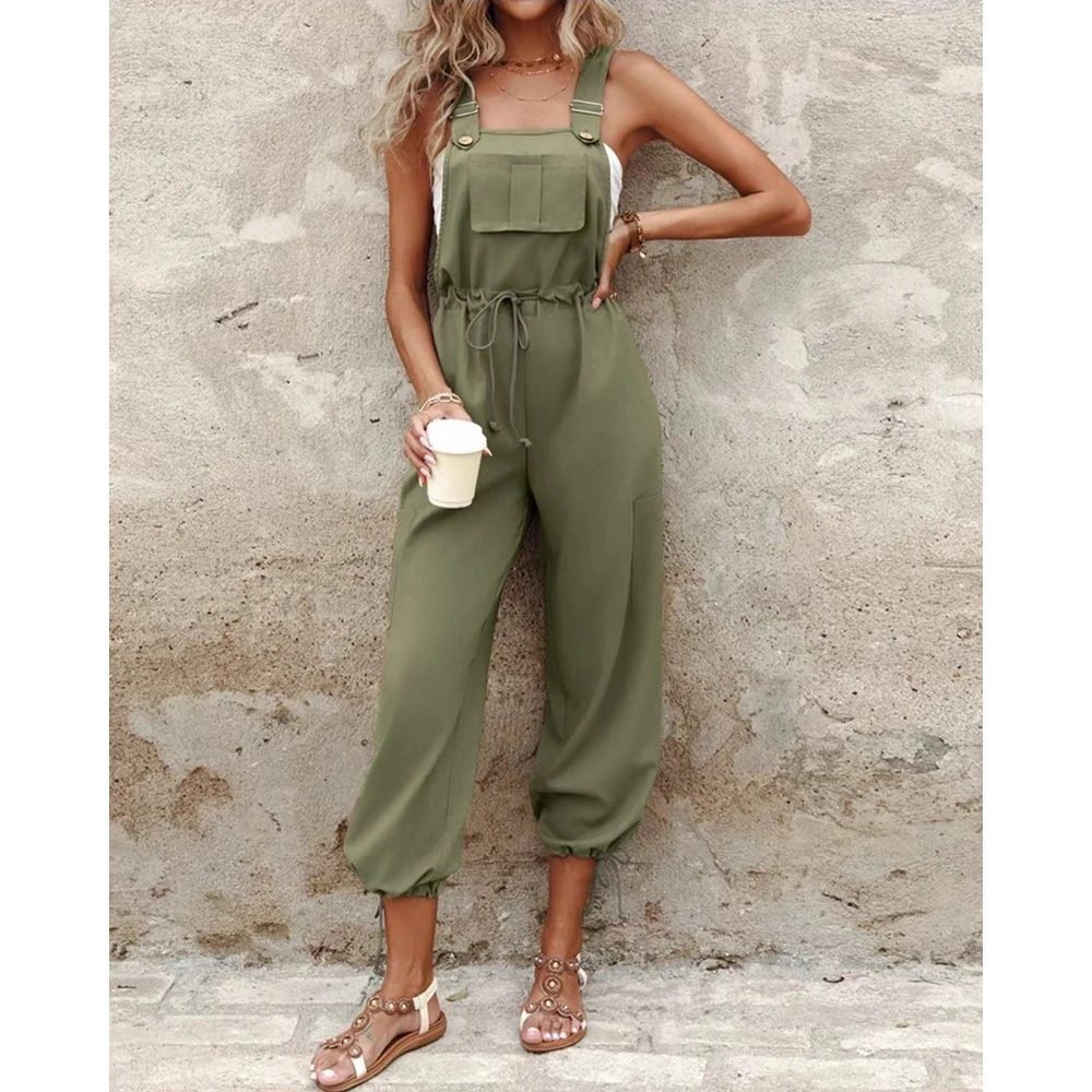 Autumn Summer Women Side Pockets Drawstring Waist Cropped Cargo Pants Steetwear Casual Adjustable Strap Women Pants Clothing