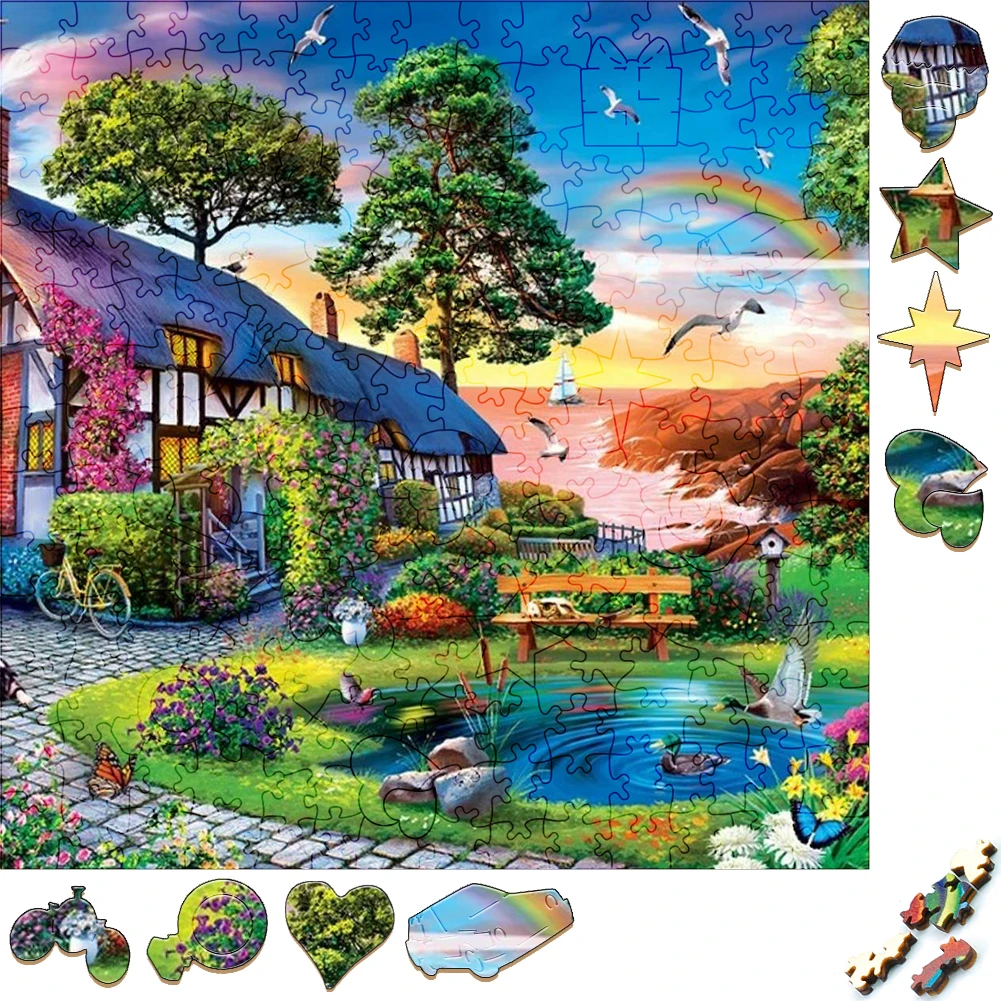 

Funny Wooden Puzzles Cabin Rainbow Scenery Wood Jigsaw Puzzle Craft Irregular Family Interactive Puzzle Gift for Friend Gather