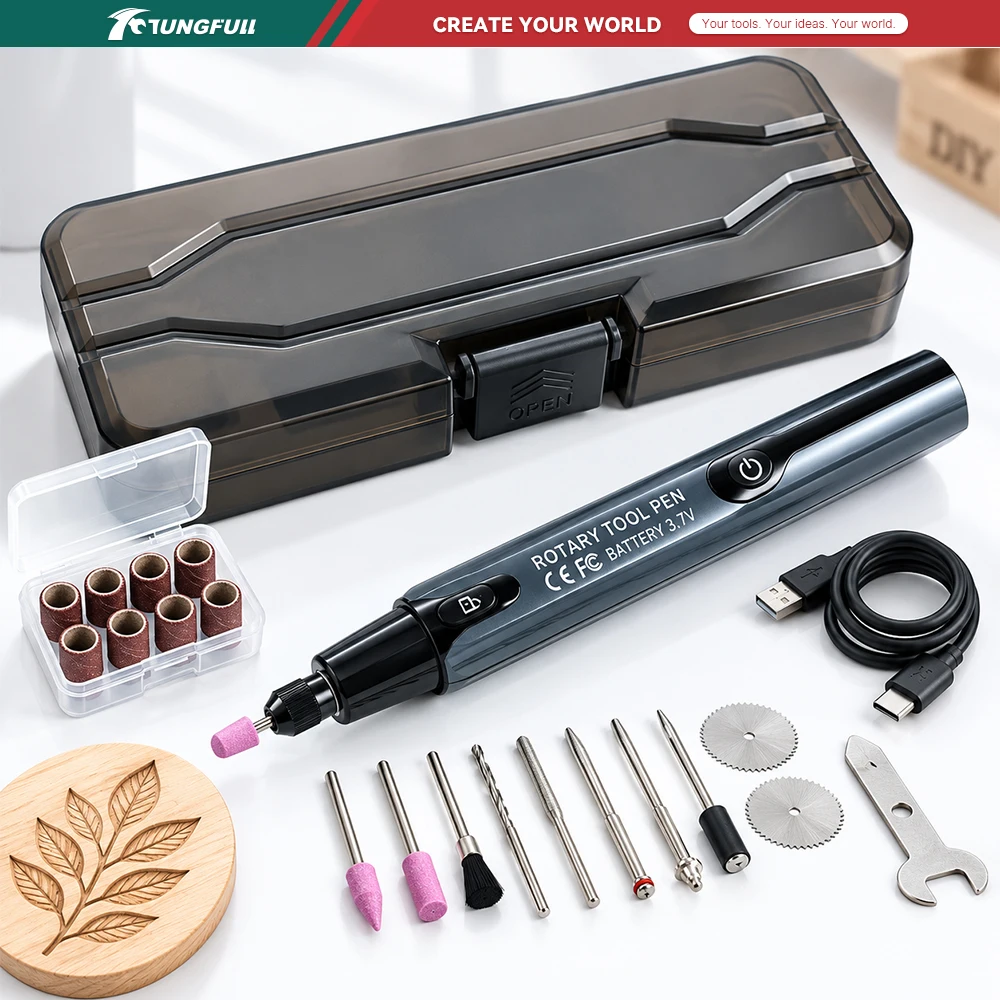 TUNGFULL 3.7V Rechargeable Electric Grinder Pen Portable Rotary Tool with LED Screen Forward Reverse for DIY Carving Polishing