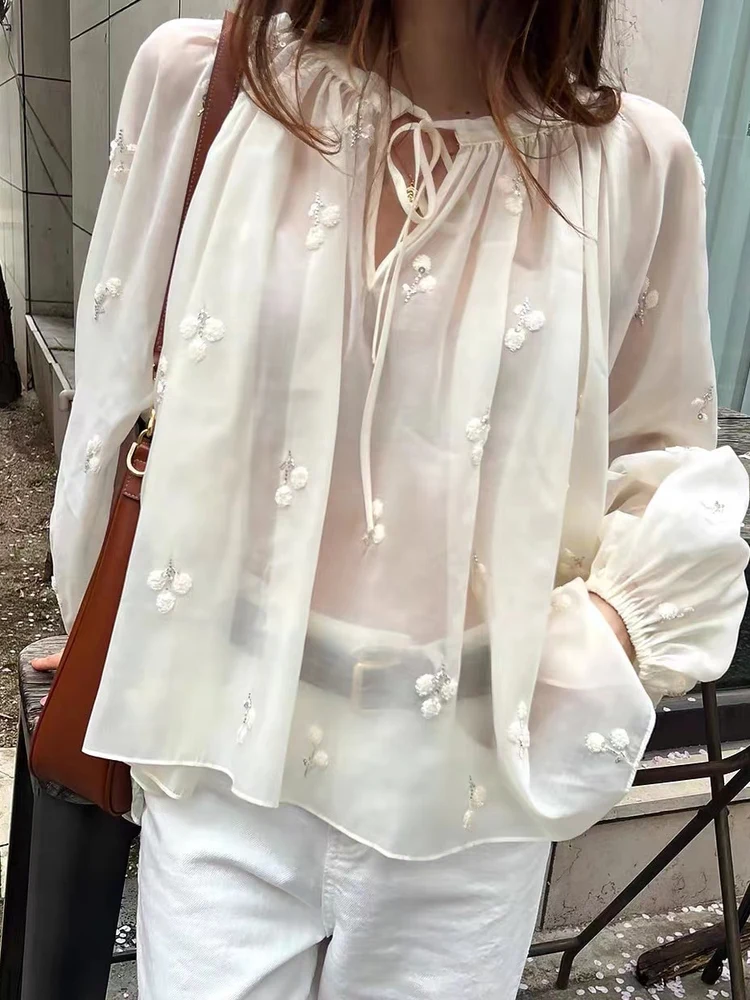 

3D Floral Embroidery Loose Women's irt Handmade Beads Sun Protection Long Sve round Ne Cotton Top with Belt