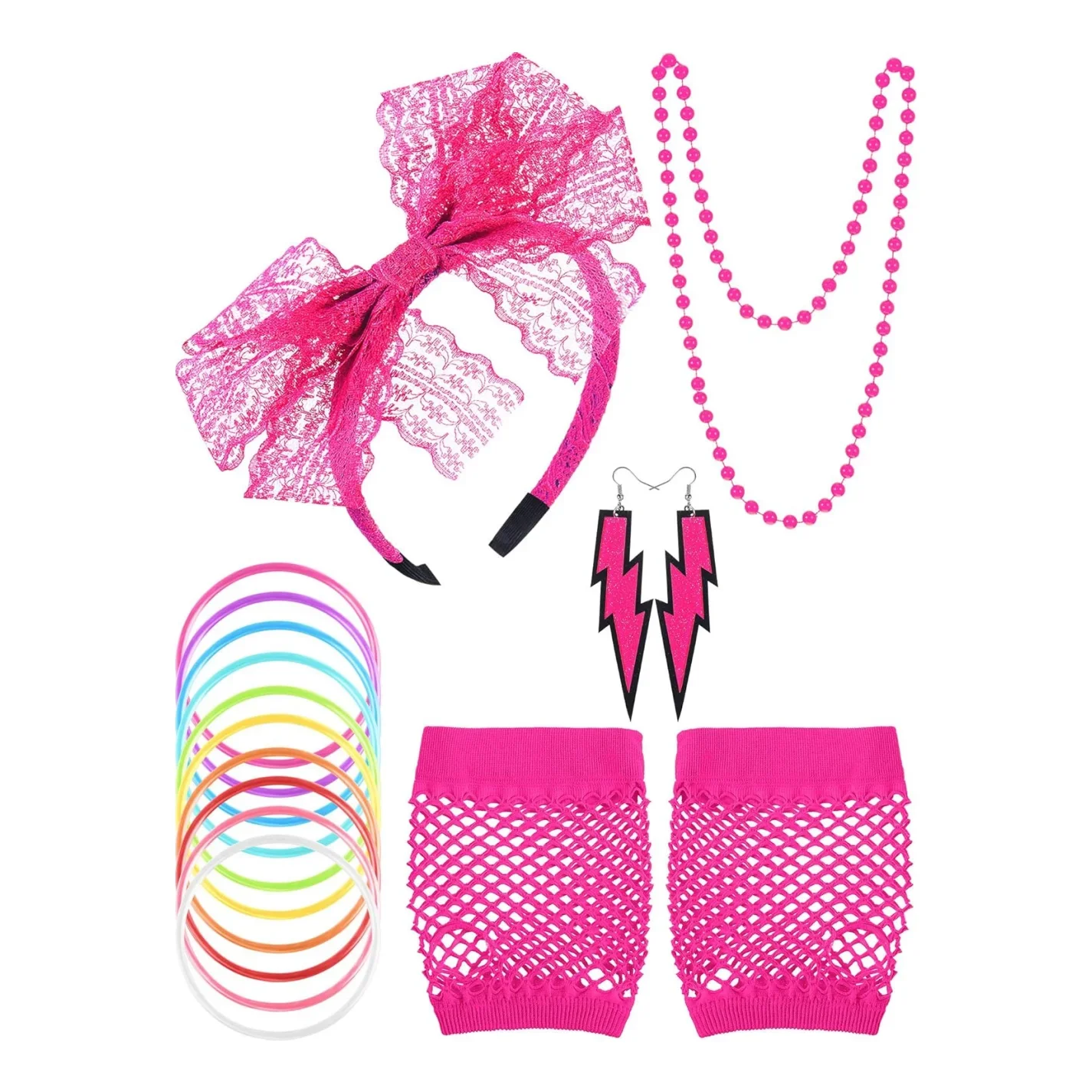 80s زي اكسسوارات لفتاة 80s حفلة مع قفازات جوارب السيقان قلادة أساور عقال أقراط يتوهم نمط فساتين النيون #2