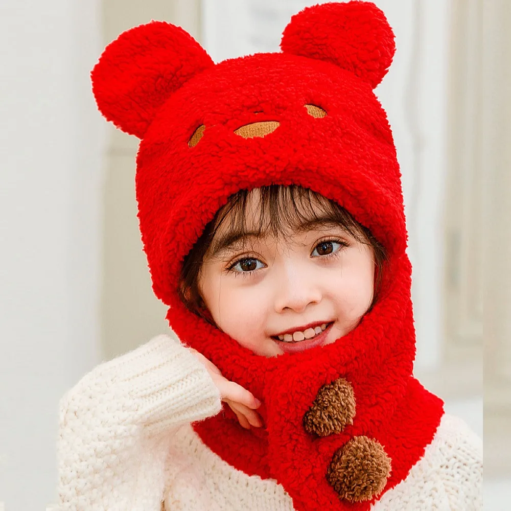

New Cute Little Bear Ear Protection Cap Windproof Cold Proof Hat Scarf One-Piece Keep Warm Pullover Hat