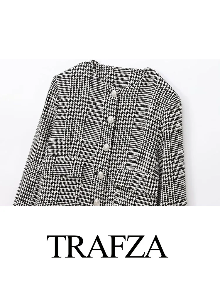 TRAFZA-Veste à Carreaux pour Femme, Col Rond, Manches sulf, Poches, Simple Boutonnage, Streetwear Chic, Style Combiné, Nouvelle Mode, Automne