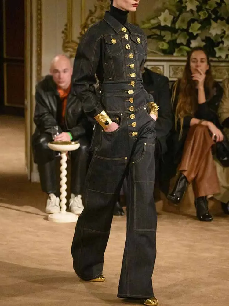 MCDV épissé bouton en métal Denim veste pantalon ensemble femmes Chic rue revers à manches longues manteau ample taille haute jean 2 pièces tenues