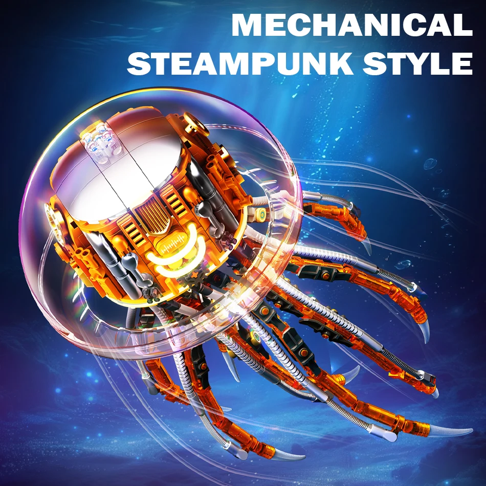 MOC Steampunk Ocean Animal Medusa meccanica Building Blocks Illuminazione Bionica Creature marine Assemblaggio Mattoni Giocattolo per regalo per bambini