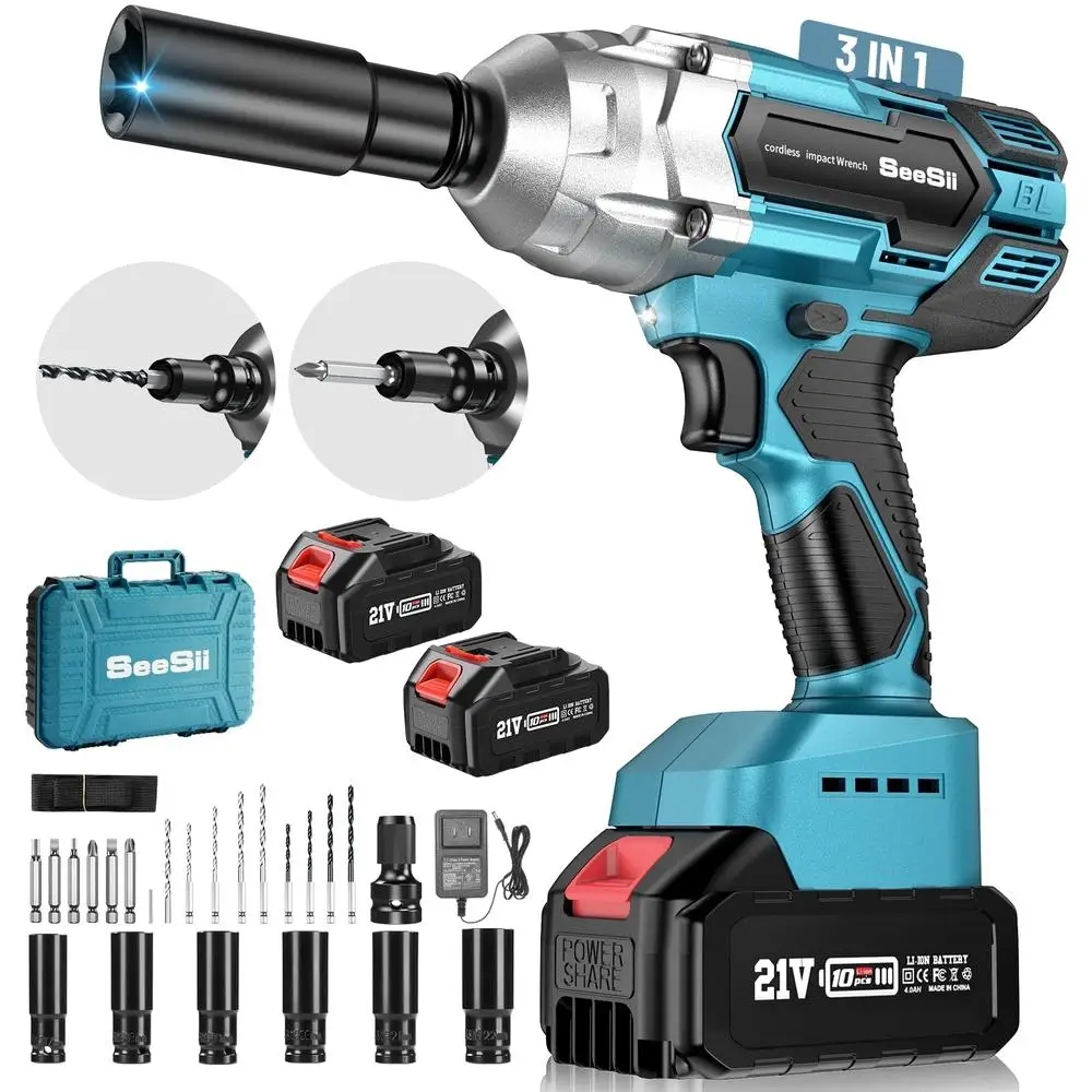 21V Brushless Impact Wrench 1/2 inch Max Torque 479 Ft-lbs(650Nm w/ 2x 4.0 Battery High Efficiency Motor 6 Sockets 9 Drill Bits