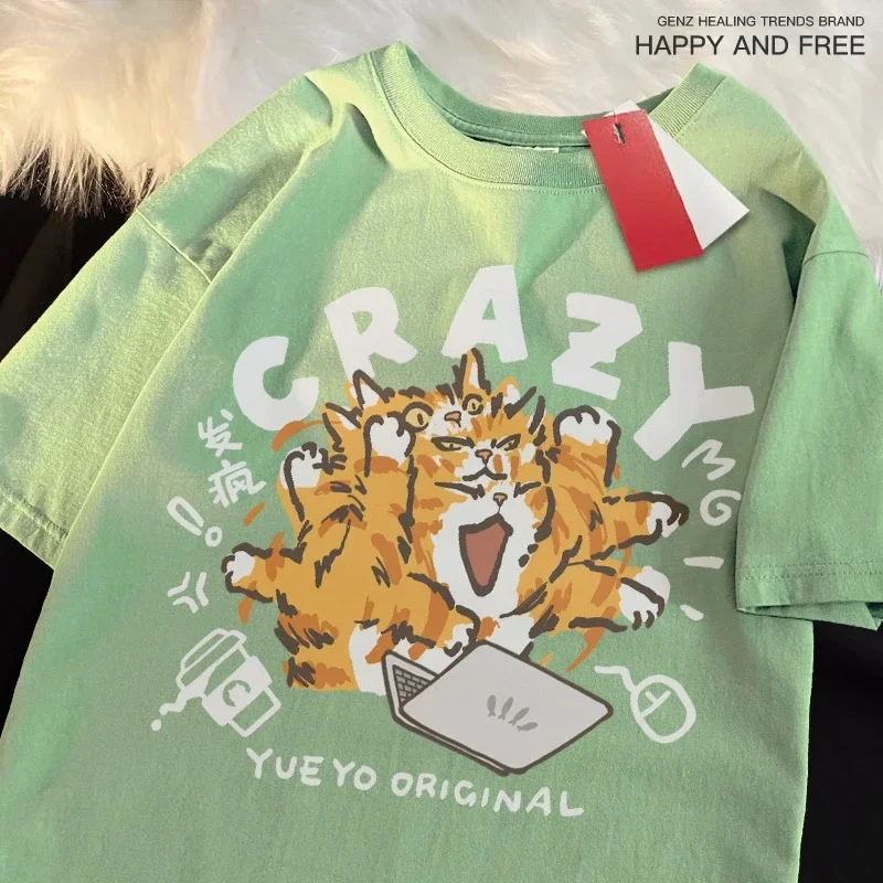 

Crazy Orange Cat Light Green Funny Cat Work Shoulder Drop Short Sleeve T-shirt For Women Casual Pure Cotton Loose Fit Tees New