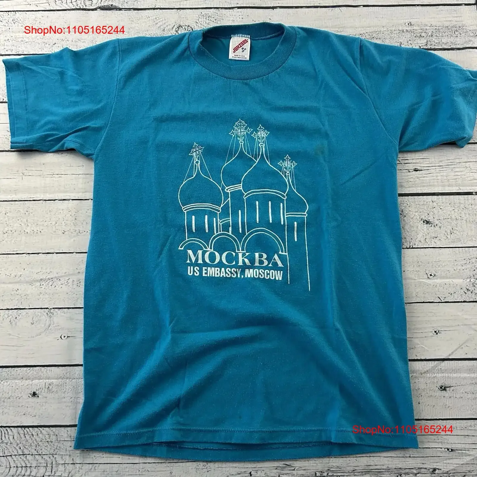 Vintage Mockba US Embassy Moscú Jerzees camiseta hombres medio azul vintage lavado elegante moda Unisex versátil Casual