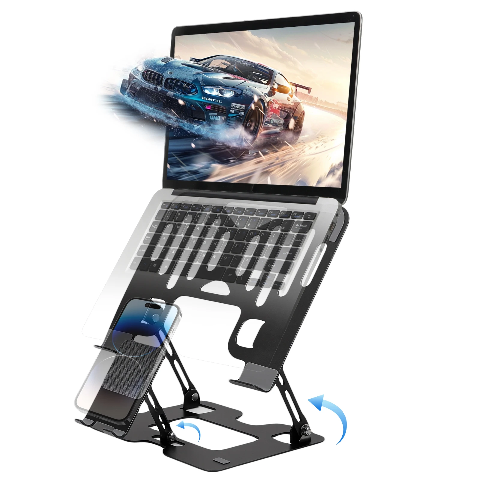 

2-in-1 Laptop & Phone Desk Stand, Alloy Steel Foldable Ergonomic Riser, Fits 10-17" Laptops MacBook Dell HP Lenovo & More