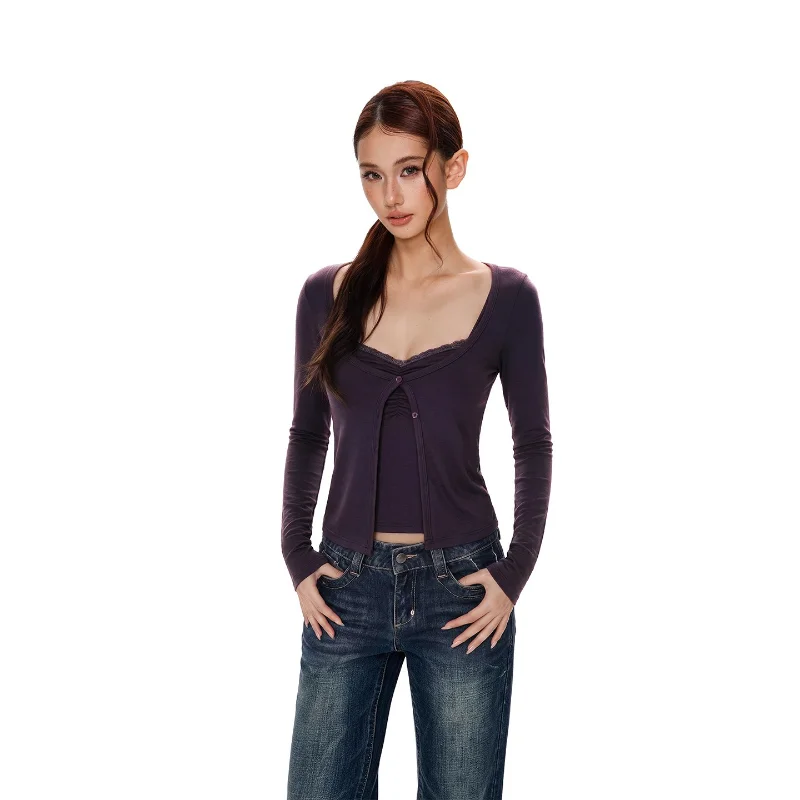 Slimming Long Sleeve Lace T-Shirt Base Layer Shirt Casual Style Polyester Fiber Spring Autumn Wear for Women