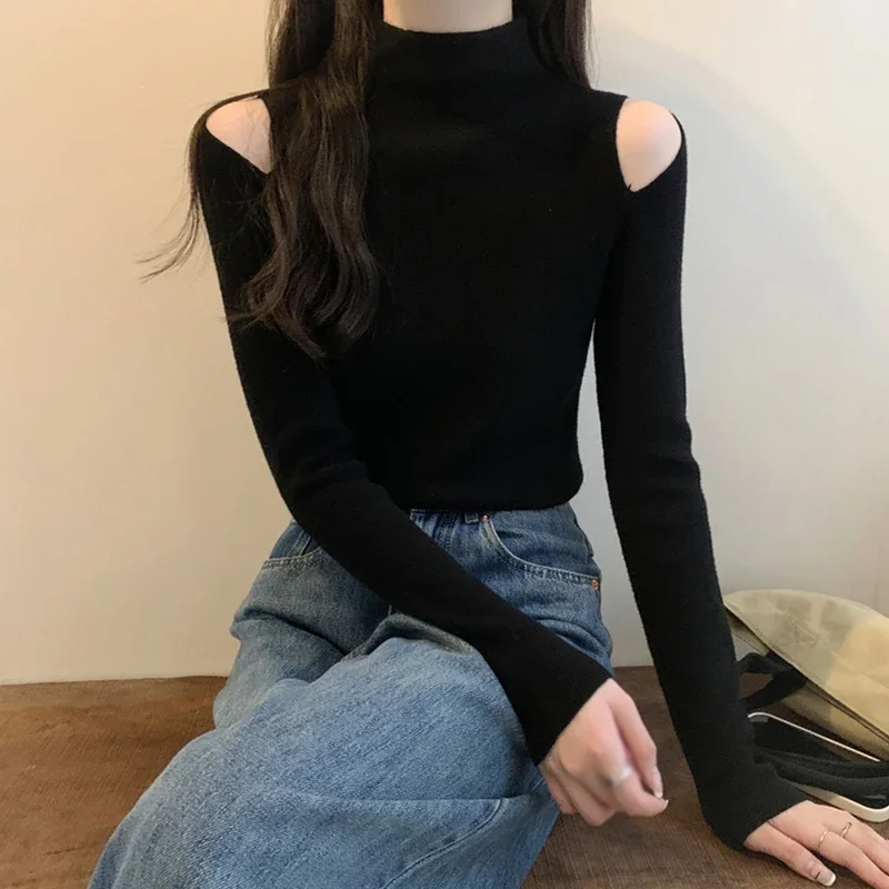 Slim Fit Half Turtleneck Knitted Long Sleeves Solid Colou Versatile Women's Knitted Top Autumn Winter Basic Top