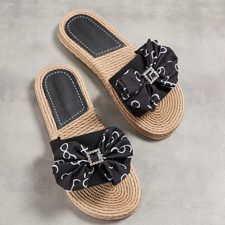 Ladies Leopard Shoes Women Summer Slippers Artificial Straw Flower Slides Female Bows Floral Slippers Outdoor Non Slip Slippers