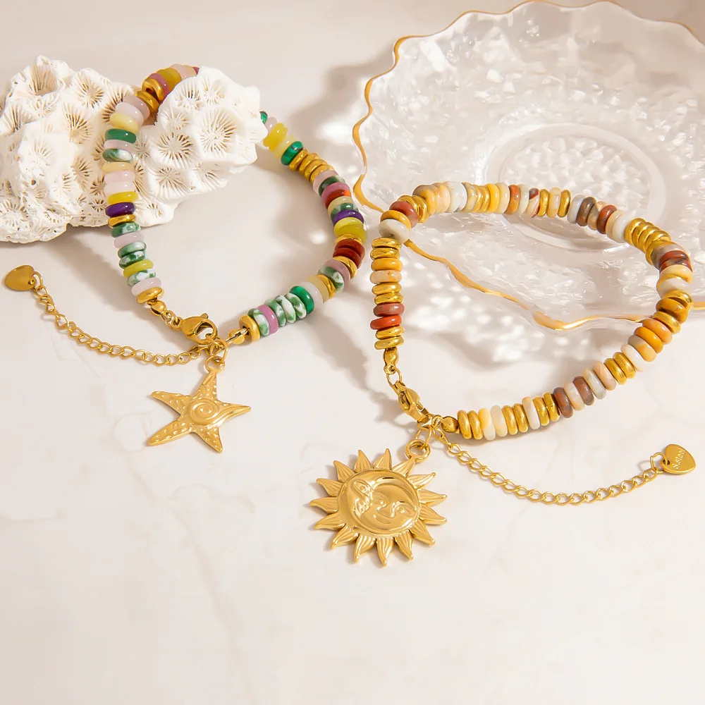 

Fashion and Personalized Stainless Steel Gold Color Cool Style Mixed Natural Stone Jewelry Starfish Sun Non Fading Bracelets