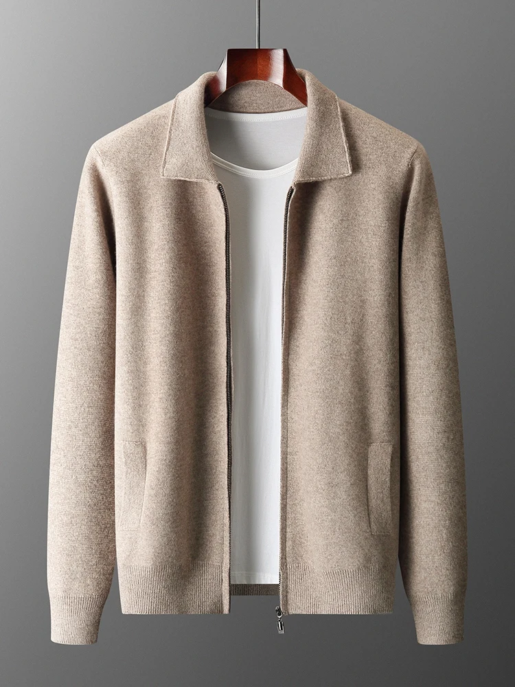 

100% Merino Wool Men's Zipper Sweater Coat Autumn Winter Turn-down Collar Cardigan Business Casual Cashmere Knitwear Clothing