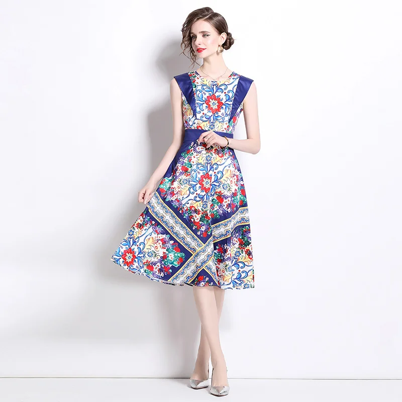 Briti Sle Large Size Svel Midi Dr Ele Lady Court  round Ne Women's Dr Casual Floral Print Polye...