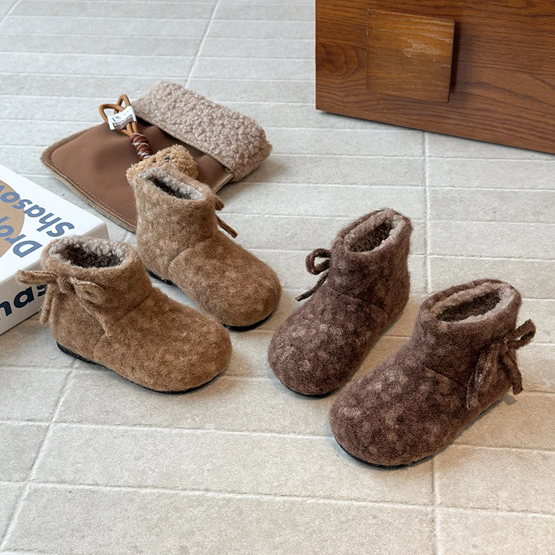 

Children's Snow Boots 2025 Winter New Warm Plush Baby Girls Boots Fashion Fluffy Kids Flat Comfortable Cold Proof Cotton Shoes