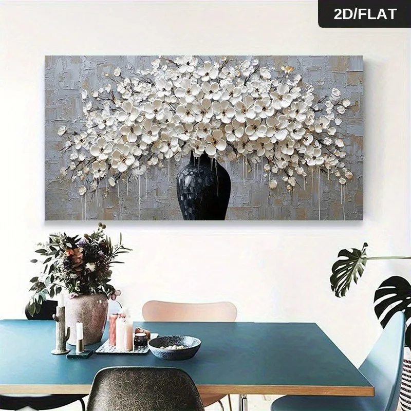 

Frameless Modern Abstract White Blooming in Black Vase Print Wall Art Canvas for Living Room Modern Canvas Poster Wall Decor