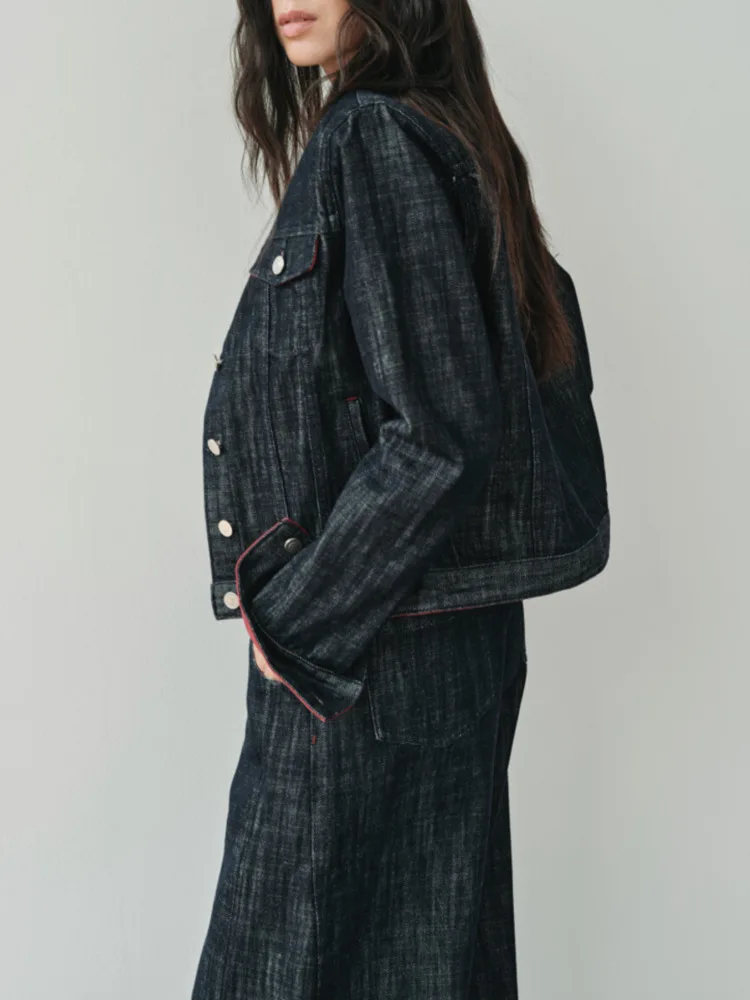 BJTZ 데님 싱글 브레스티드 라펠 재킷 투피스 세트 여성용 2025 봄 가을 신상 하이웨이스트 청바지