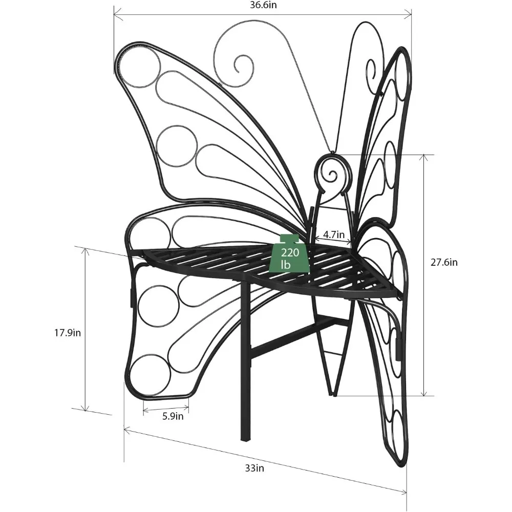 Panca da esterno a forma di farfalla, panca da giardino nera per esterno con robusta struttura in metallo stabile, panca a farfalla con sedia a farfalla