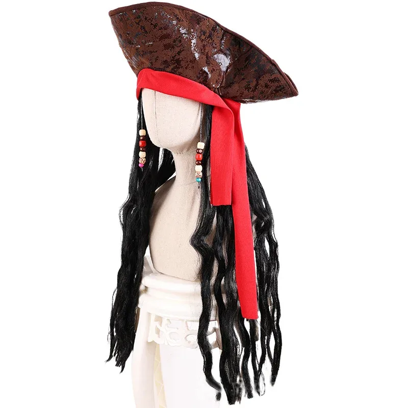 Peluca con trenzas de capitán pirata Jack para adultos, sombrero, gorra de pirata de Halloween para hombres, accesorios de disfraz de actuación Cosplay