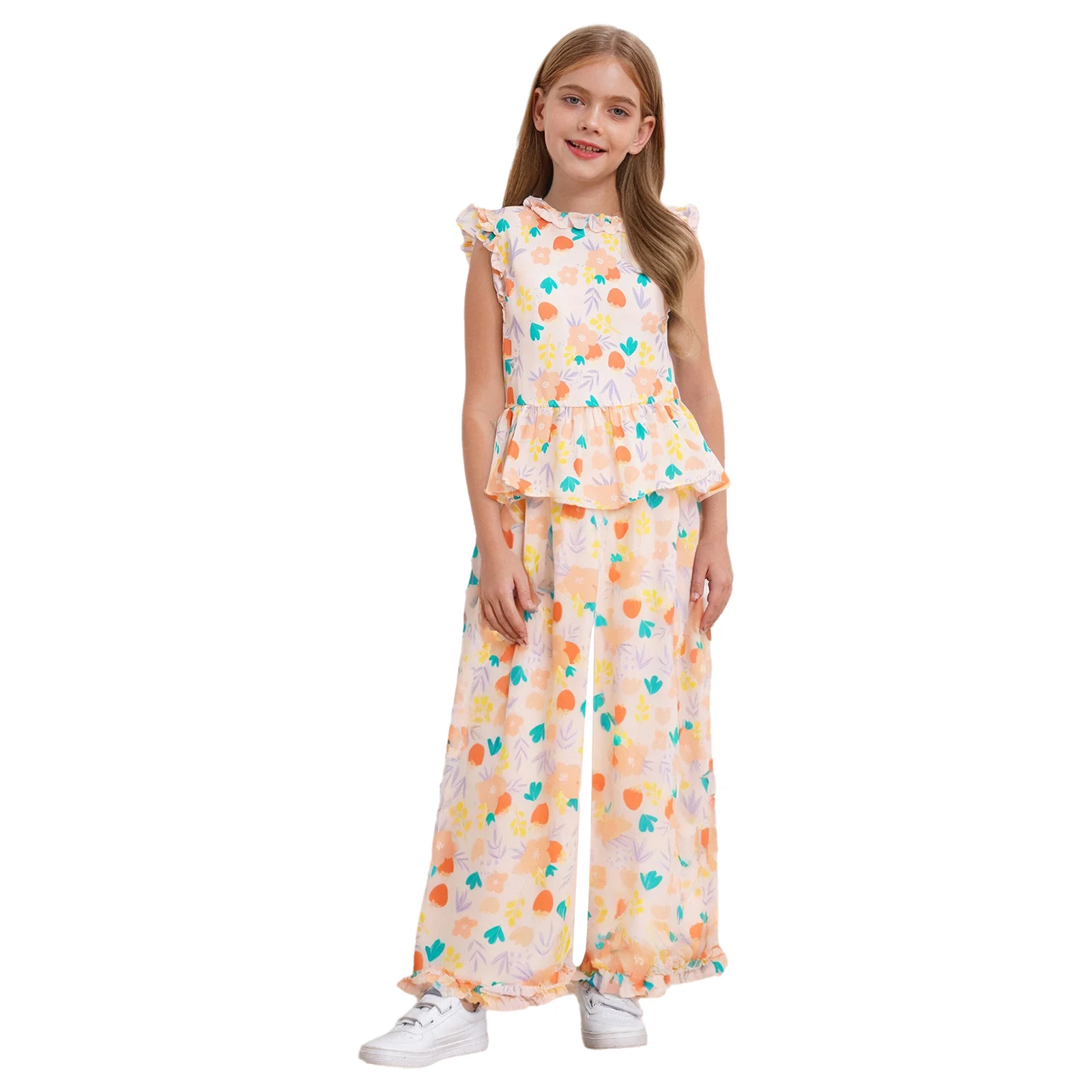 

Kids Girls 2-Piece Floral Printed Outfit Summer Hawaii Sleeveless Ruffles Peplum Top with Wide-Leg Pants Set for Vacation Beach