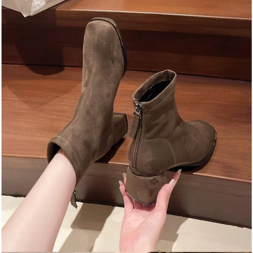 

Shoes for Women New Elegant Retro Women's Boots High Quality Brown Ankle Boots Autumn Winter Fashion Zipper Modern Boots