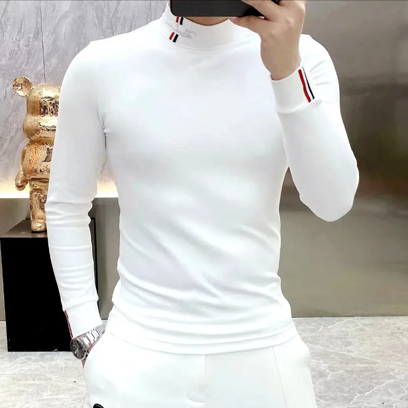 

Autumn New Men Chic Thicken T-Shirts Thermal Half High Collar Bottoming Cootrast Color Long Sleeve Elastic Slim All-match Tops