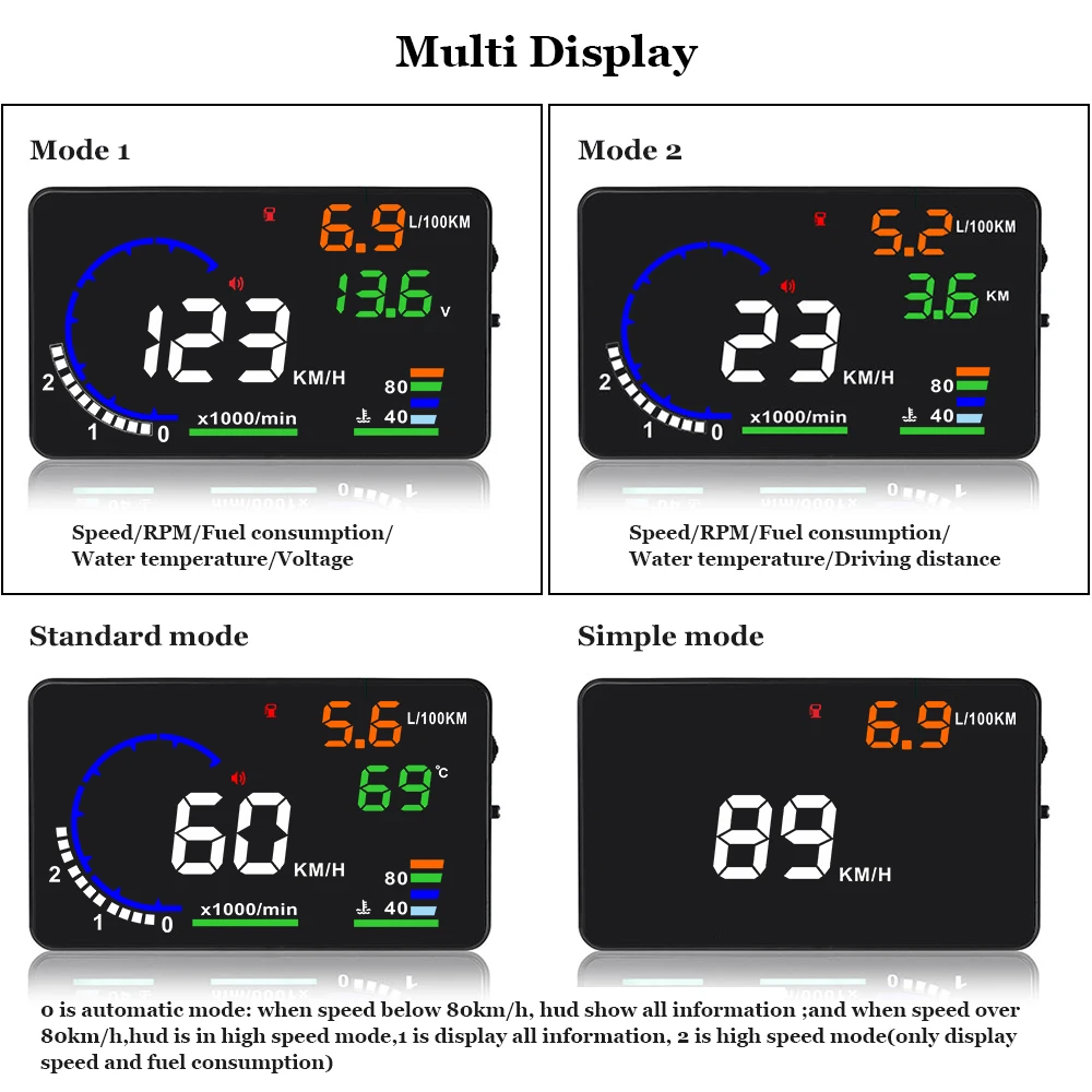 A8 Screen Digital HUD Speedometer RPM Water temperature Voltage Fuel Car Head Up  LED Windshield Projector Data Diagnostic Tool