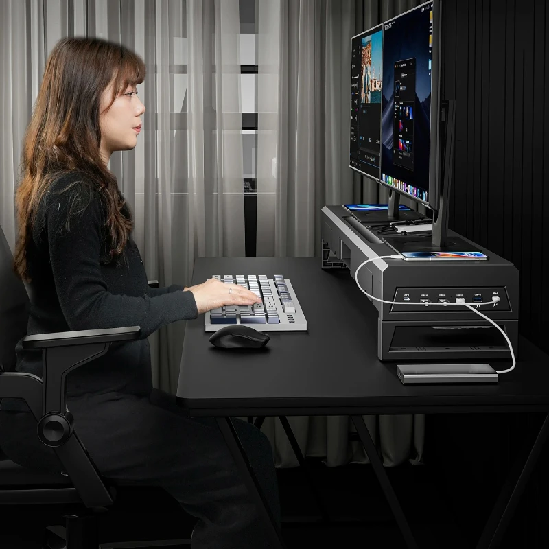 ‌Ergonomic Monitor Stand with Drawers & USB Hub - Metal Desktop Riser for Computer, Office Organization & Neck Relief Solution