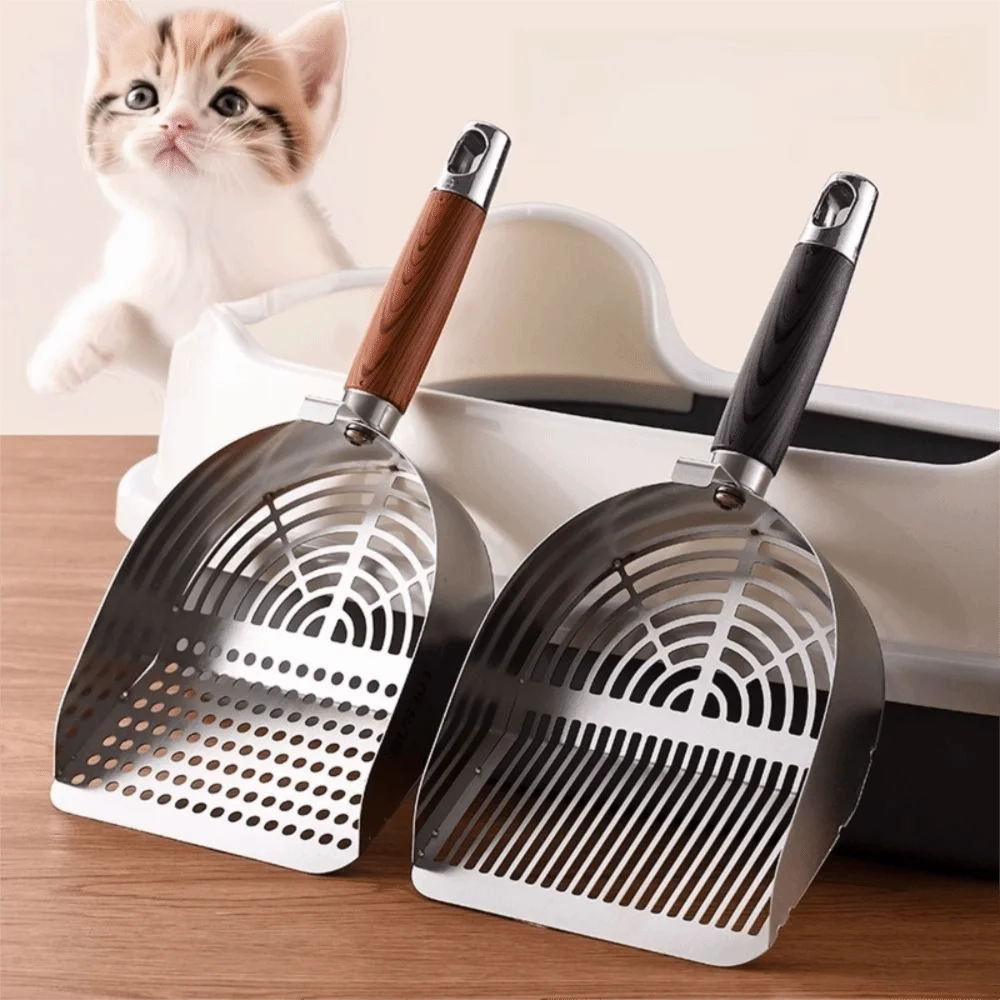 Pala de arena para gatos de acero inoxidable, pala profunda con mango largo, pala para residuos de mascotas, agarre cómodo, tamizado rápido, herramienta para tamizar caca de gato