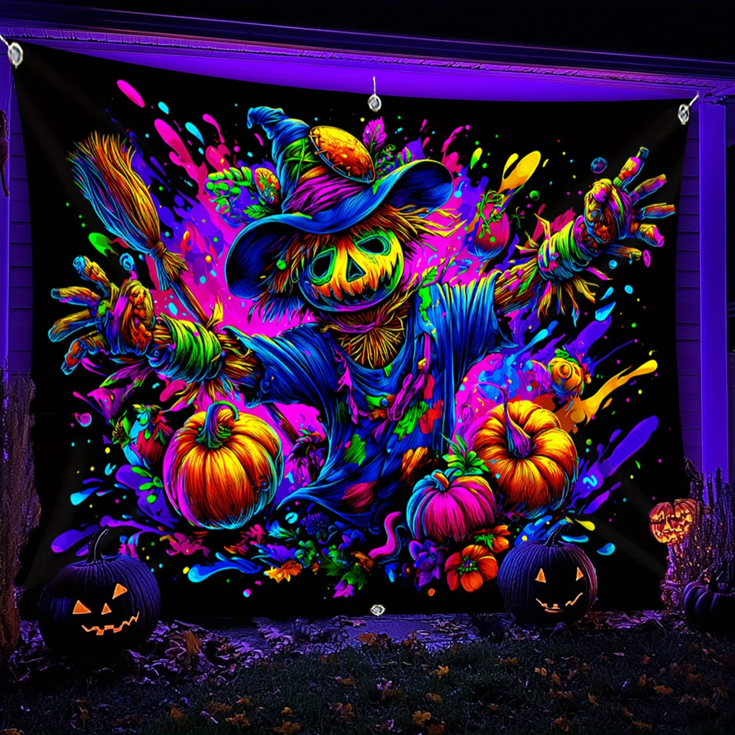 VIKAMA Halloween Gothic Wall Tapestry Colorful Splashing Ink Scarecrow Pumpkin Neon Graffiti Cloth Party Decoration