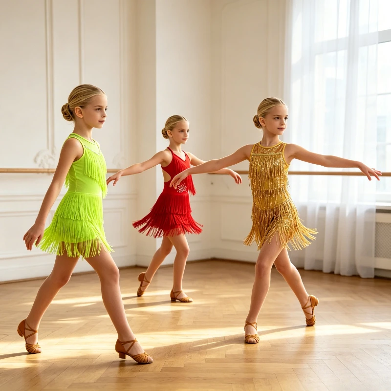

Kids Latin Dance Dress Tassel Fringe Girls Salsa Ballroom Competition Costume Stage Performance Outfit Clothes Dance Show Outfit