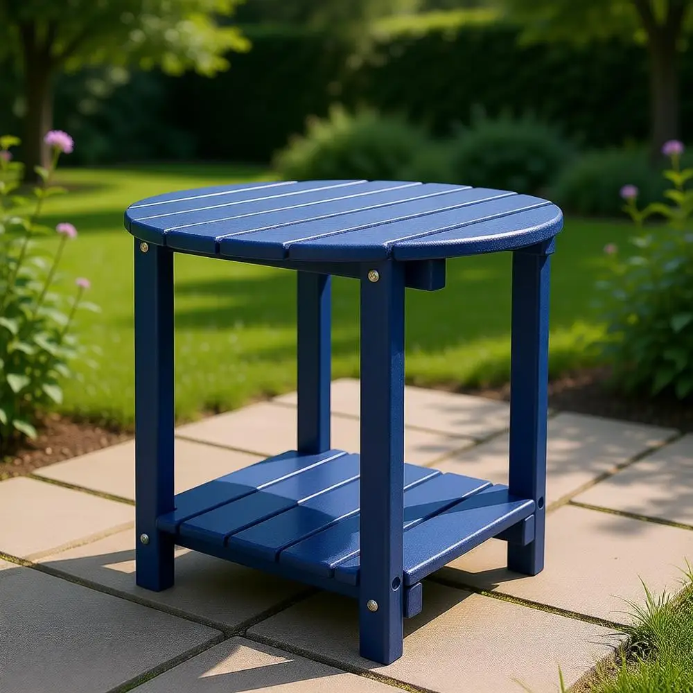 

2-Tier Outdoor Side Table with Storage, Blue HDPE Patio Garden Furniture