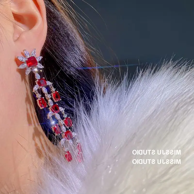 Long Drop Earrings For Women 925 Silver Needle Red Created Ruby Flower Tassel Zircon Party Jewelry Drop Shipping