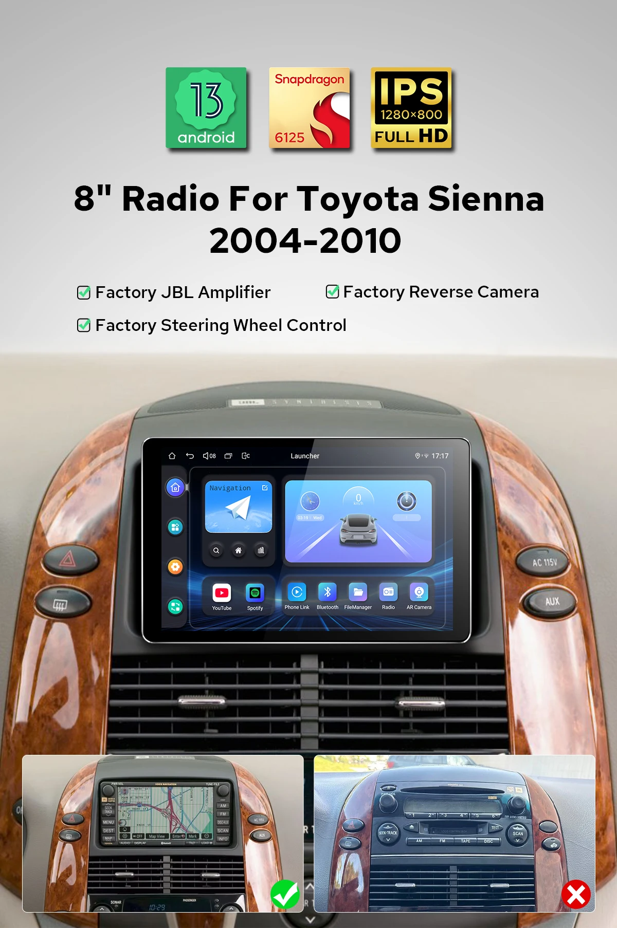 

Автомагнитола JOYING 8" 1280×800 Android для Toyota Sienna 2004-2010, 4 ГБ+64 ГБ, с CarPlay и Android Auto, Plug&Play, мультимедийный плеер
