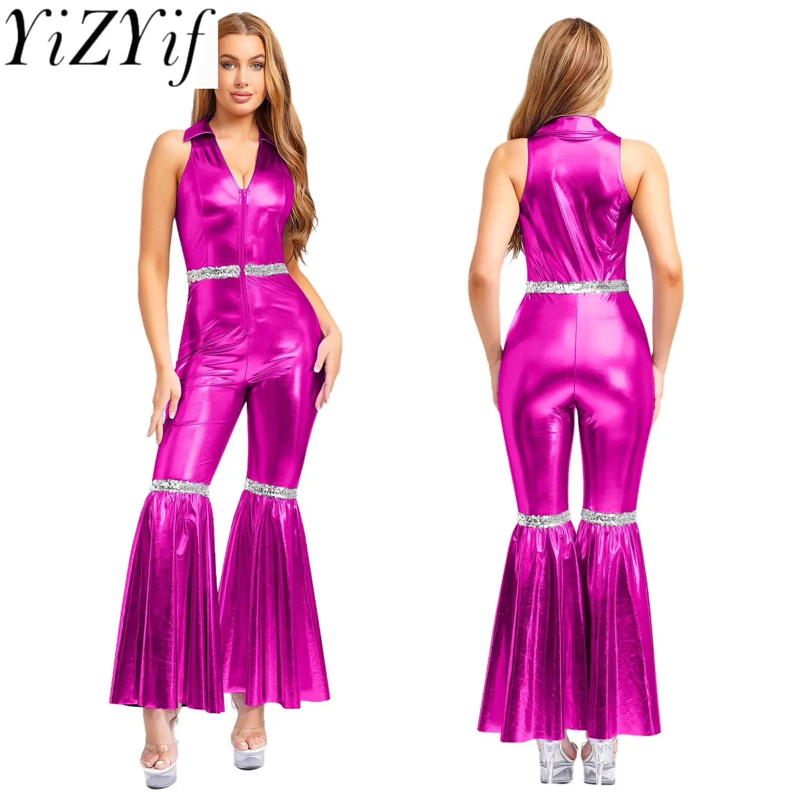 

Metallic Fashion 70s Disco Party Club Dance Bodysuits Elegant Women Shiny Flare Pant Jumpsuit for Retro Party Jazz Dance Outfits