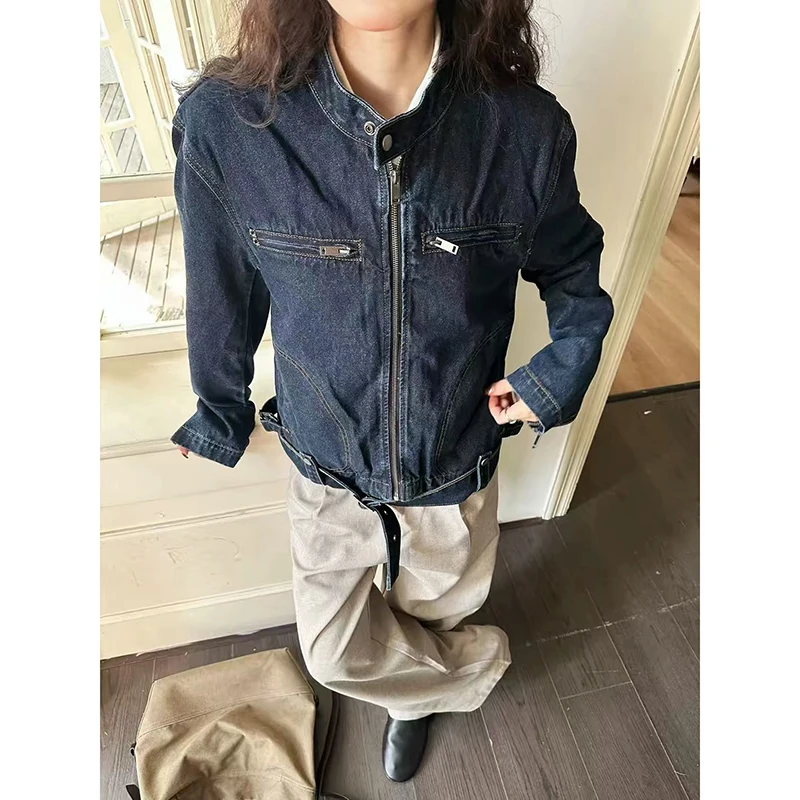 ZHIZOU Winter Women Blue Denim Jacket American Retro Y2k 2000s High Street Short Washed Cargo Jacket Cowboy Outwear Tide Punk