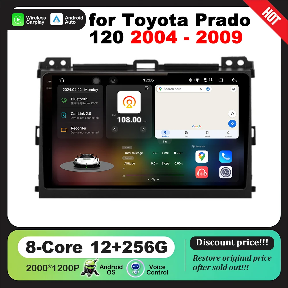 

Android Intelligent System 9 ''Car Multimedia Radio Player for Toyota Prado 120 2004 - 2009 GPS Navi DSP Stereo Wireless CarPlay