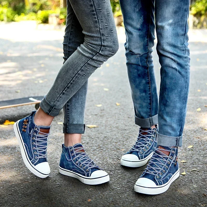 Denim Canvas Sneakers for High Top Walking Sport Shoes Round Toe Lace Up Men Casual Shoes Running Thick Sole Ladies Brand Boots