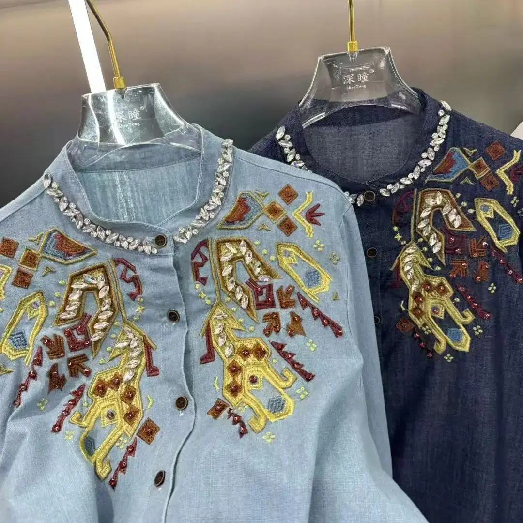 

Diamonds Embroidery Fashion Cotton Denim Spring Blouses Long Sleeve Women's Loose Casual Shirts Pretty Blouses Woman Jean Shirts
