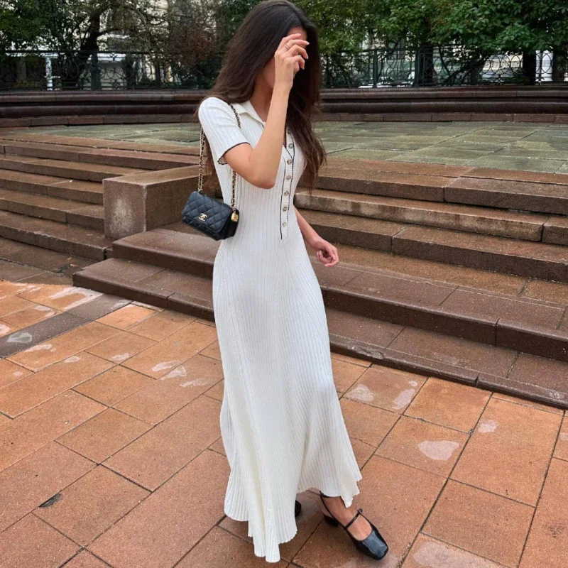 

Women's Knitted Maxi Dress with Short Sleeves High Waist Dresses for Women Boho Long Viscose Casual Robe Longue Clothing White