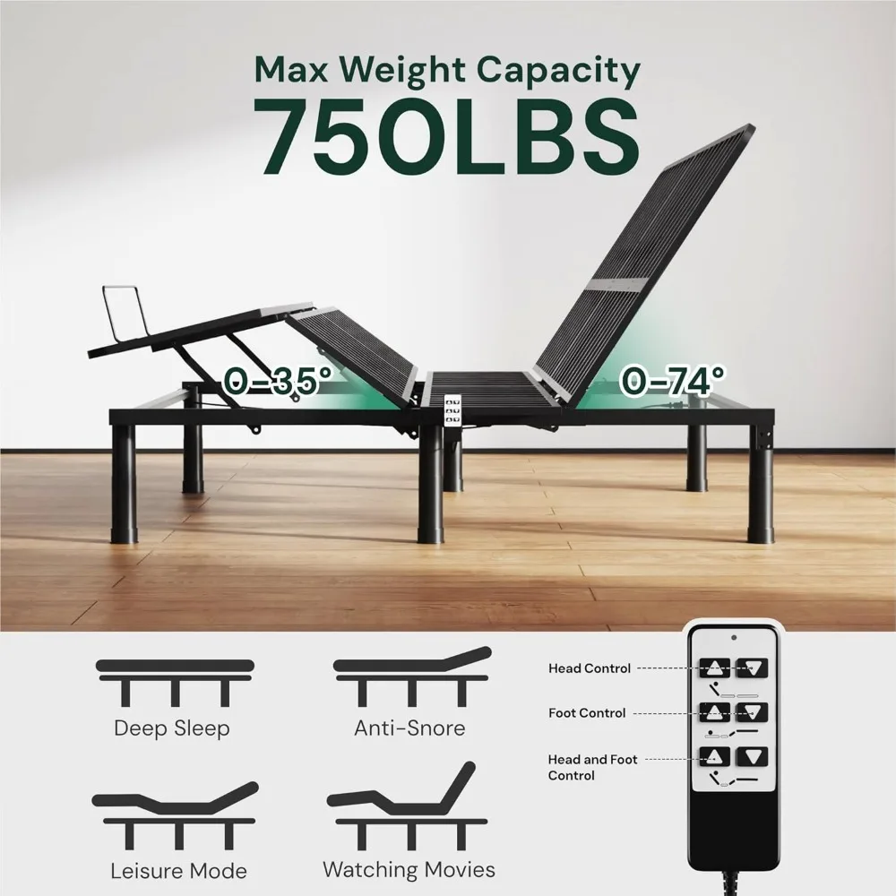 Marco de cama ajustable completo, Control remoto por cable, cabeza independiente e inclinación de pie, Base de marco de cama eléctrica, marcos de camas de dormitorio