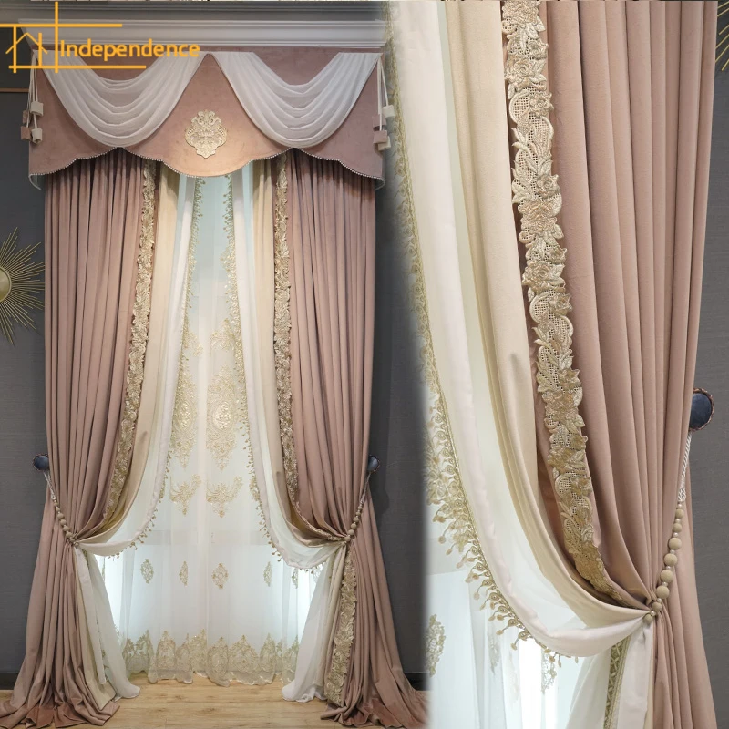 French Luxury Pink Lace Patchwork Flannelette Curtains for Living Room Bedroom Villa French Window Customized Valance