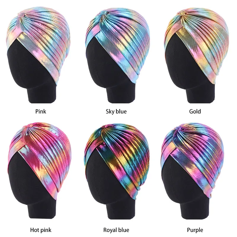 Colorful New Women Laser Silky Ruffle Metallic Turban Hair Cover Accessories Wave Caps Bonnet Salon Hat Turban Headwrap