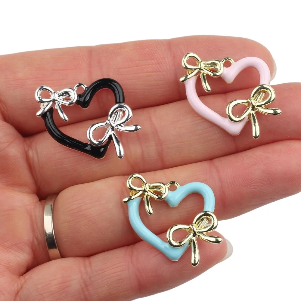 10pcs/lot 22*24MM Zinc Alloy Enamel Bow-shaped Heart Pendant Charms DIY Necklace Bracelet Earrings Accessories