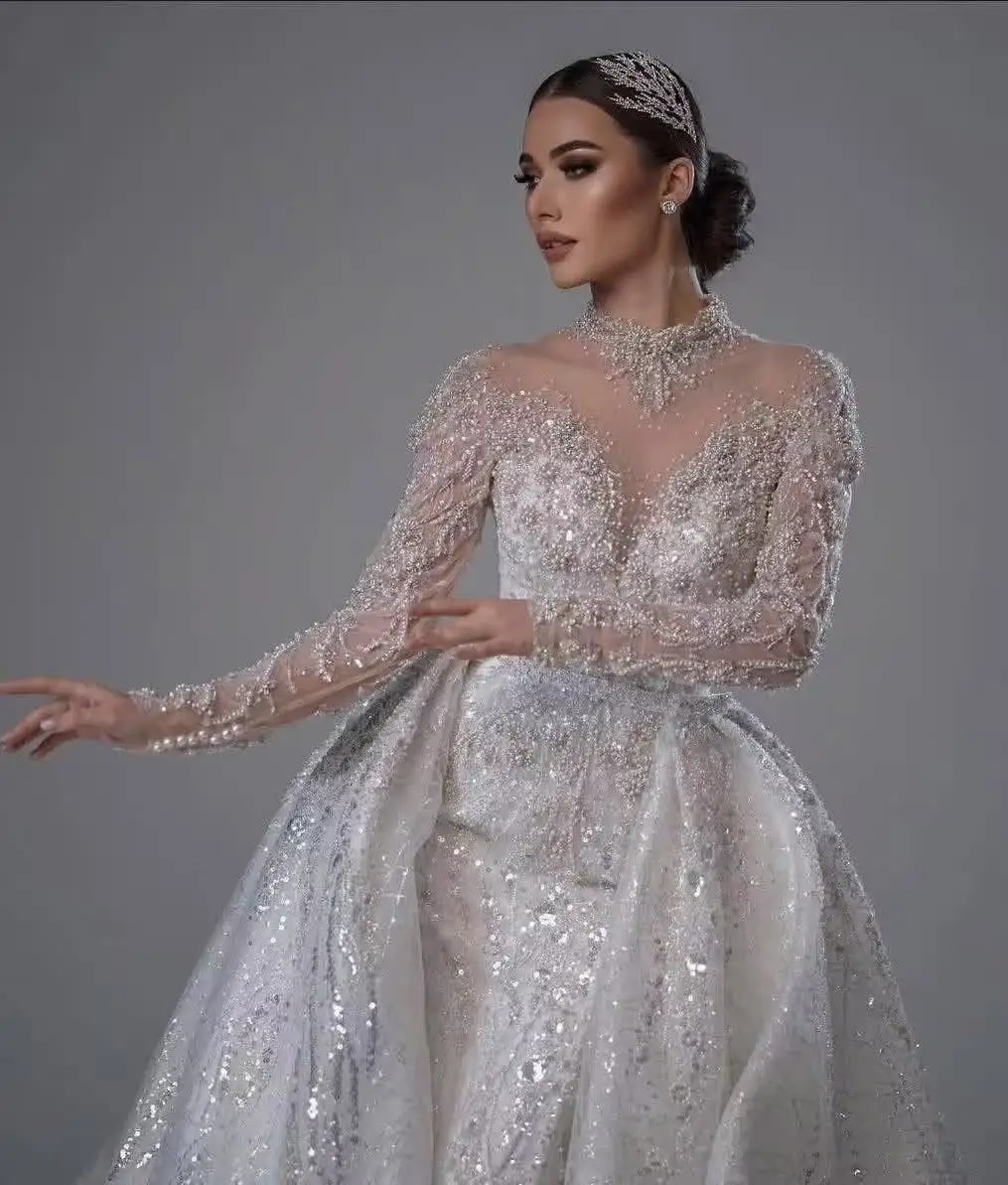 Customized Sparkly High Neck Mermaid Wedding Dresses Sequined Long Sleeves Detachable Train Bridal Gown 2026 Vestido De Noiva