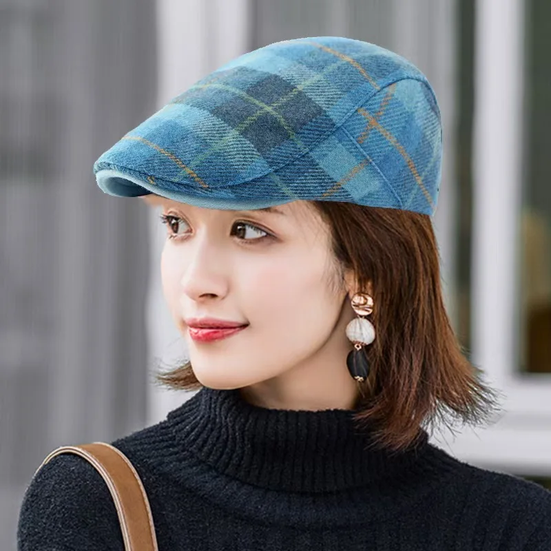 

Autumn Cotton Plaid Print Newsboy Caps Flat Peaked Cap Men and Women Painter Beret Hats